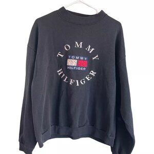 Vintage Y2K Tommy Hilfiger Mens Medium Black Logo Sweater Stitched Long Sleeve